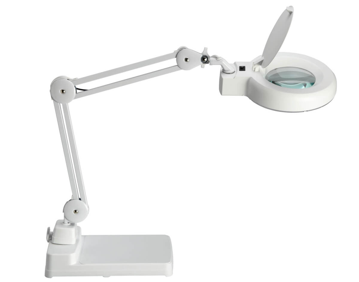 Lampe loupe LED ronde 12 cm blanche avec socle de table