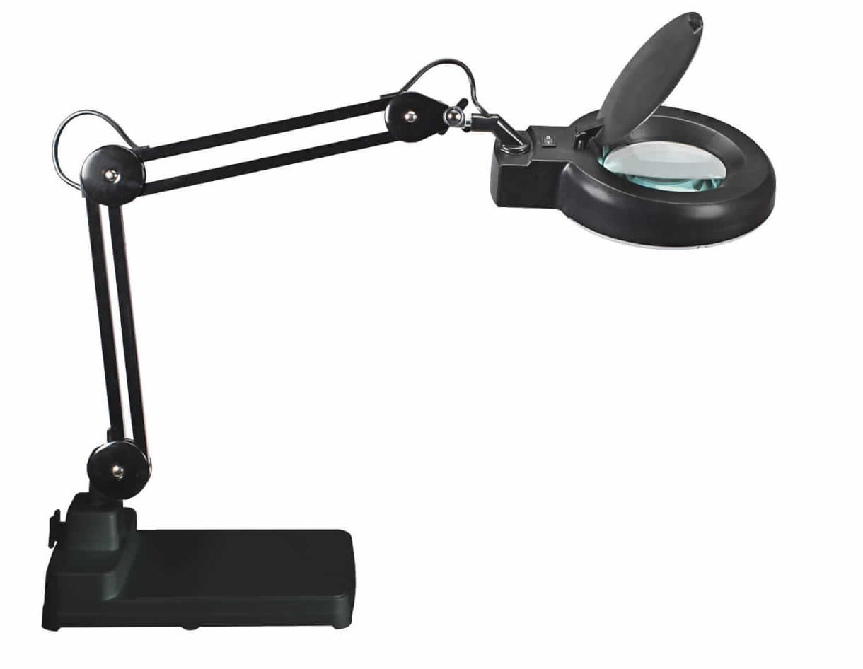 Lampe loupe LED ronde 12 cm noire avec socle de table